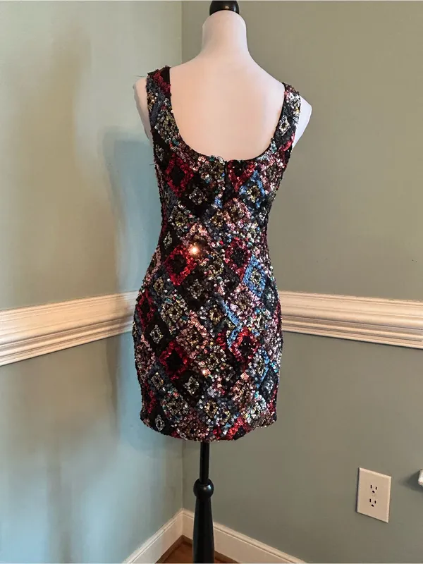Sequined Multicolor Scoop Neck Mini Dress small Purple - Image 2