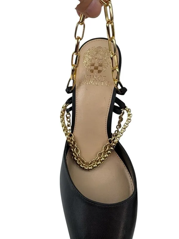 *Vince Camuto Ashna Heels Womens Size 7 Black Leather Gold Chain Slingback NWOB - Image 4