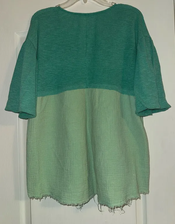 Oddi blue/green teal two tone color block v-neck tunic top with raw hem. Oversized - Image 2