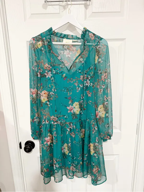 Anthropologie Maeve Teal Floral Chiffon Ruffle Mini Dress Boho Romantic XS - Image 8