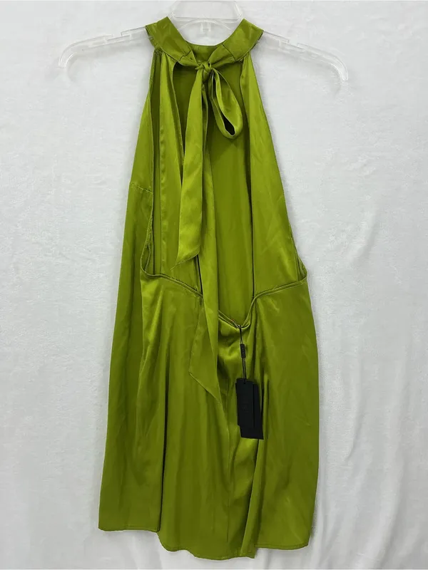 97% silk High-Neck Olive Green Satin Mini Dress 1211 - Image 5