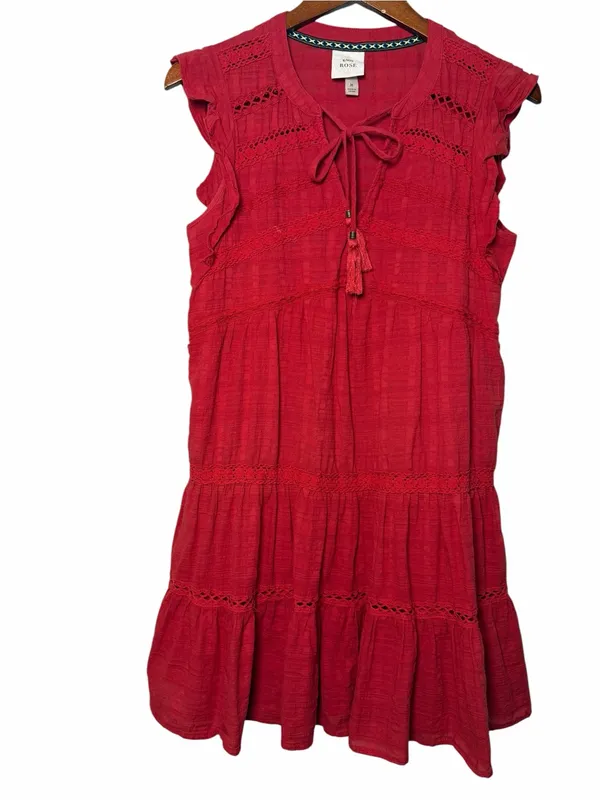 Knox Rose Red Boho Cotton Tiered Mini Dress Crochet Lace Tassel Tie Medium - Image 5