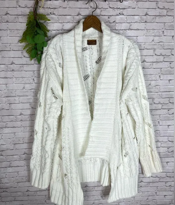POL White Chenille Open Knit chunky Longline Cardigan - Image 2