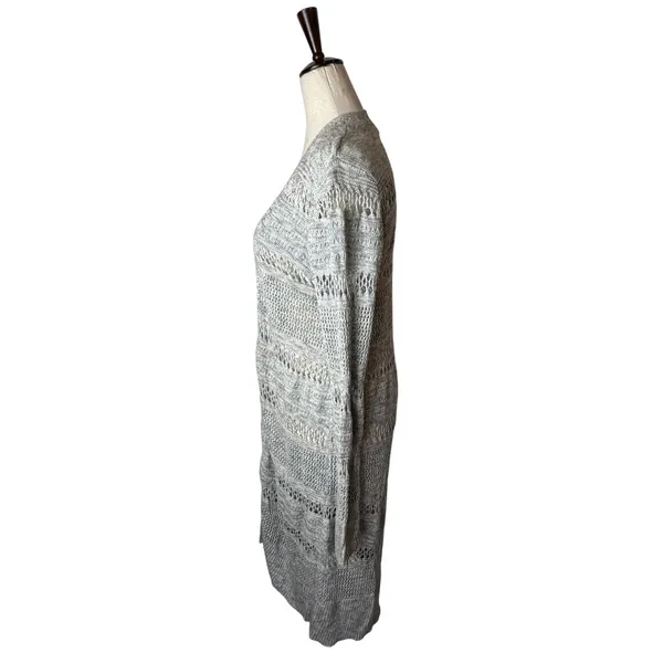 LOFT Outlet Cardigan Women Medium Grey‎ Open Knit Pointelle Longline Sweater - Image 6