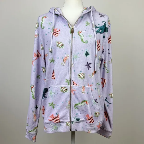 Hill House Allie Zip Up Hoodie Sweatshirt Sea Creatures Terry Purple Small NWT - Image 2