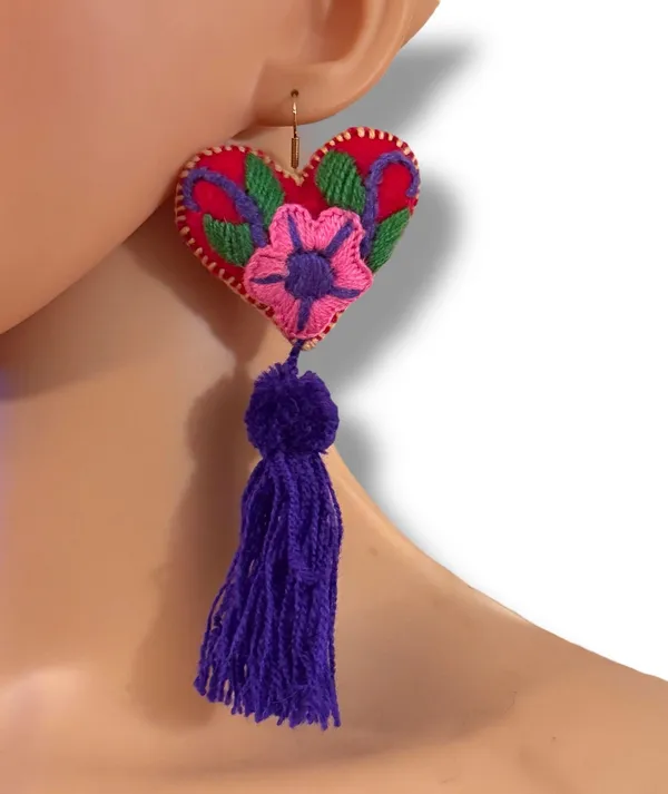 Colorful embroidered heart tassel earrings - Image 2