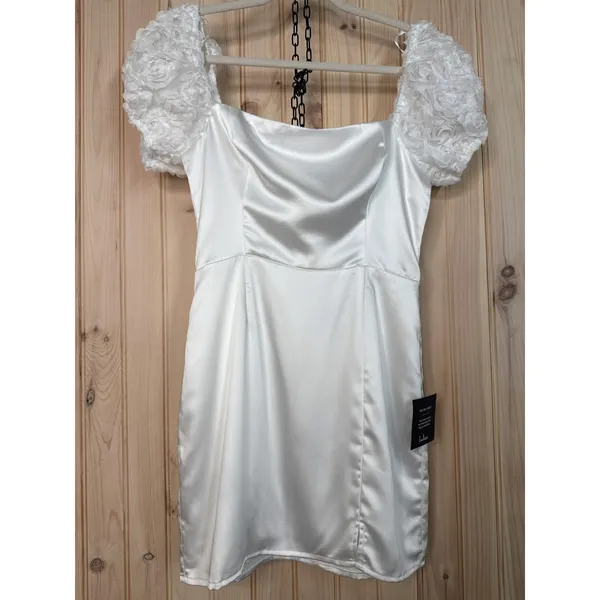 NWT Lulus Precious Enchantment White Satin Floral Puff Sleeve Mini Dress LWD S - Image 2