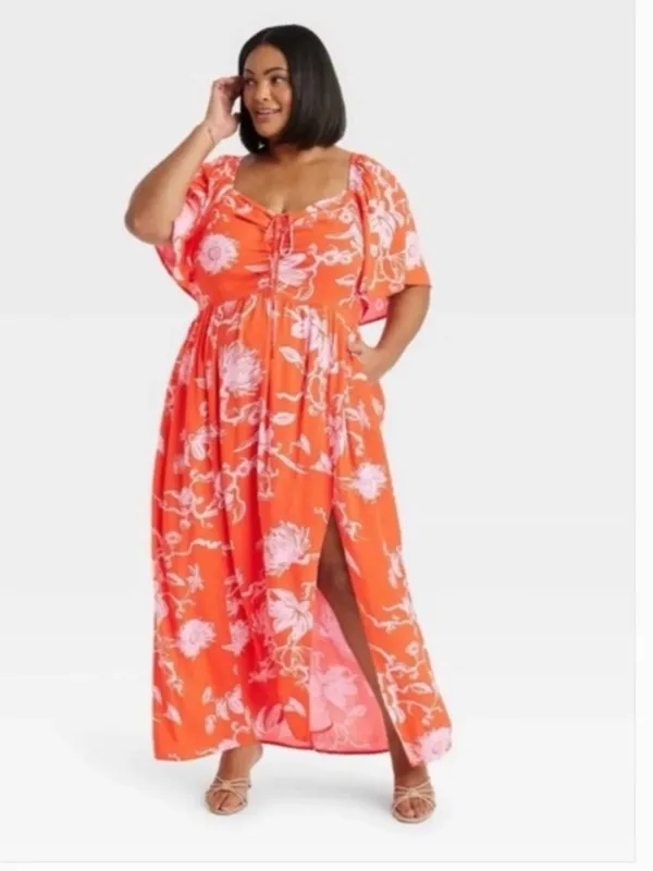 Ava & Viv Women’s Plus Size 3X Maxi Dress Orange Light Purple Floral Sweetheart - Image 2
