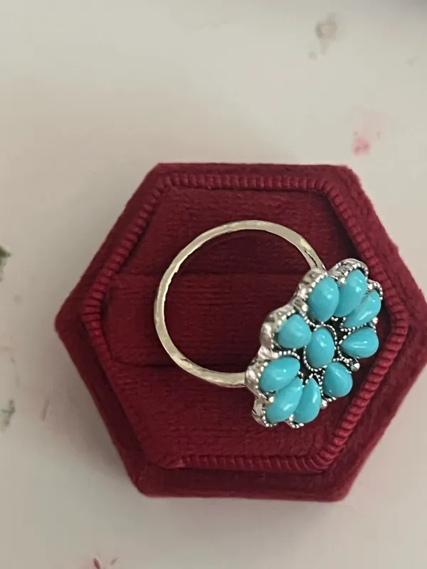 02 Collection Stainless Steel Silver Bohemian Design Faux Turquoise Statement Ring Size 7 - Image 2