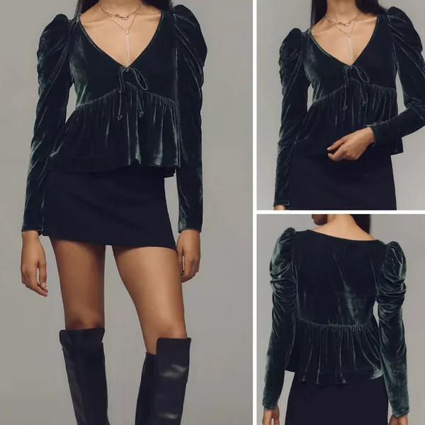 Anthropologie Maeve Pine Green Velvet Babydoll V-Neck Long Sleeve Top - Image 2
