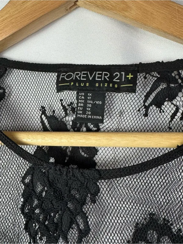 Forever 21 Plus Black Mesh Floral‎ Lace Scallop Hem Sheer Long Sleeve 1X - Image 4