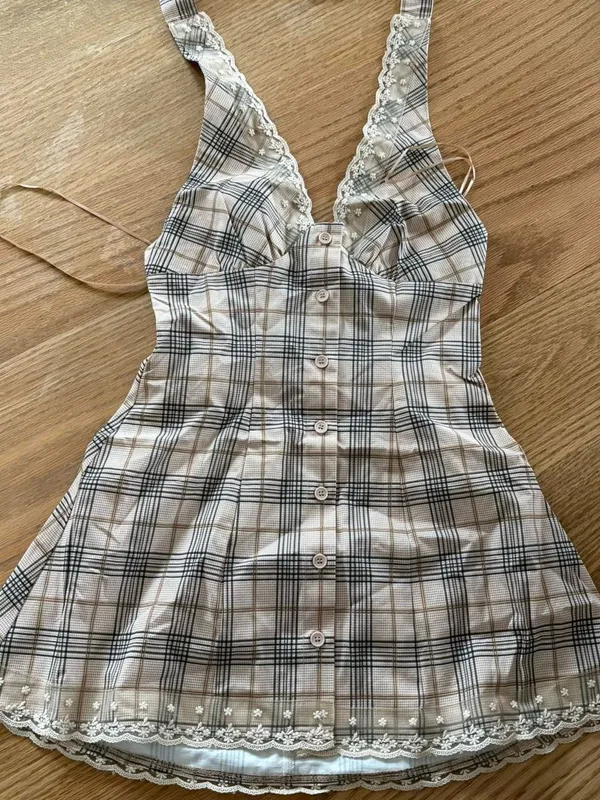 Lioness Beige Plaid Halter Mini Dress - Image 2