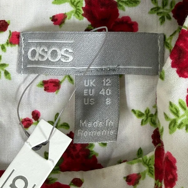 ASOS Design Floral Puff Sleeve Babydoll Mini Dress White Red Rose US 8 NEW - Image 2