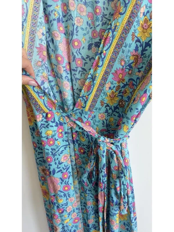 Prettygarden Floral Wrap Maxi Dress Blue Boho V Neck Short Sleeve Size S - Image 5