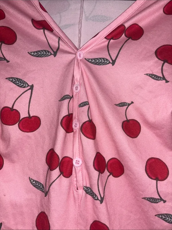 Juniors Pink Long Sleeve Romper Onesie Pajama Cherry Print Sweet Text - Image 3