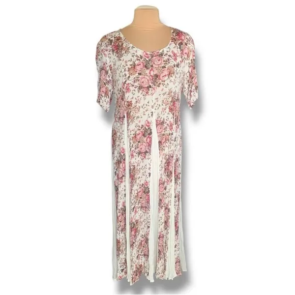 Vintage Floral Rayon Maxi Dress‎ Cream Pink Cottagecore Romantic Boho Medium - Image 2