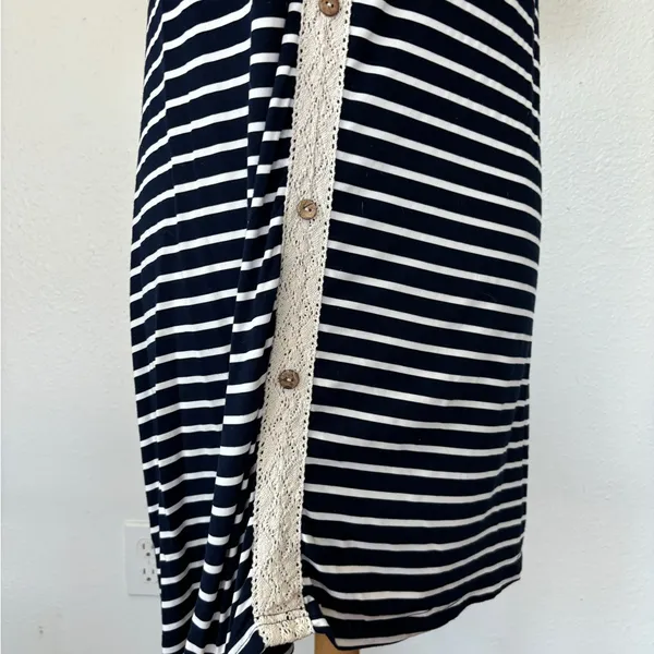 Exist Navy Blue & White Short Sleeve Striped Crochet Accent Button Back T-Shirt Dress - Image 4