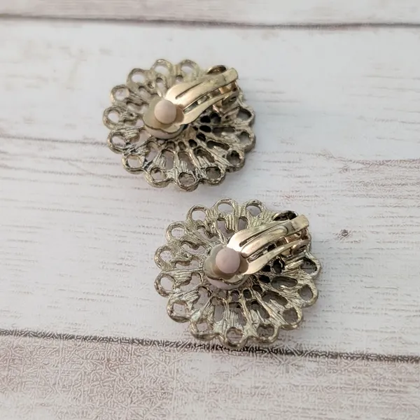 Vintage Clip On Earrings Ornate Gold Tone with Turquoise Tone Center Large - Image 5