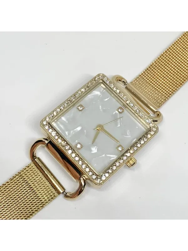 Women’s gold tone watch 27mm square case mop dial rhinestones mesh band running - Image 2