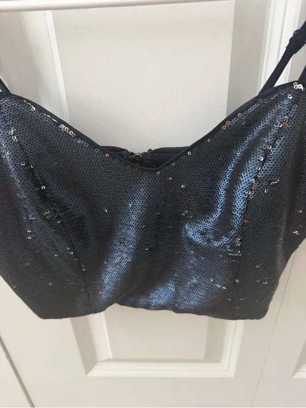 AKIRA Navy Blue Sequin Whimsygoth Fairy Bustier Crop Top with Adjustable Straps - Image 3