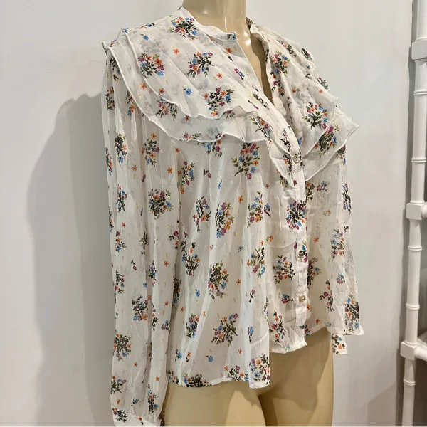 Zara Floral Chiffon Blouse Sz L Sheer Long Sleeves Top Ruffle - Image 3