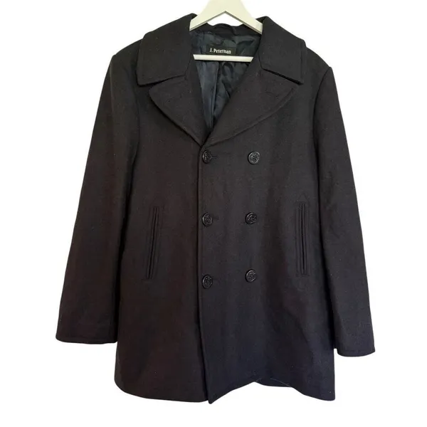 J. Peterman 100% wool navy nautical double breasted peacoat size 42 large - Image 10