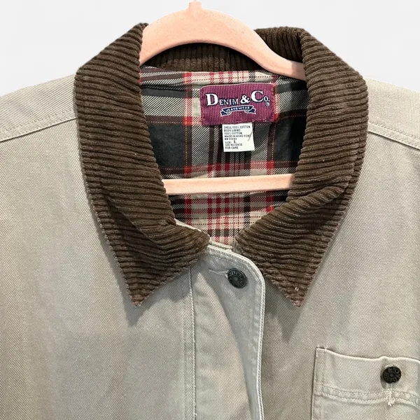 Vintage Tan Barn Coat Corduroy Collar Cotton Utility Jacket Chore Coat Large - Image 7