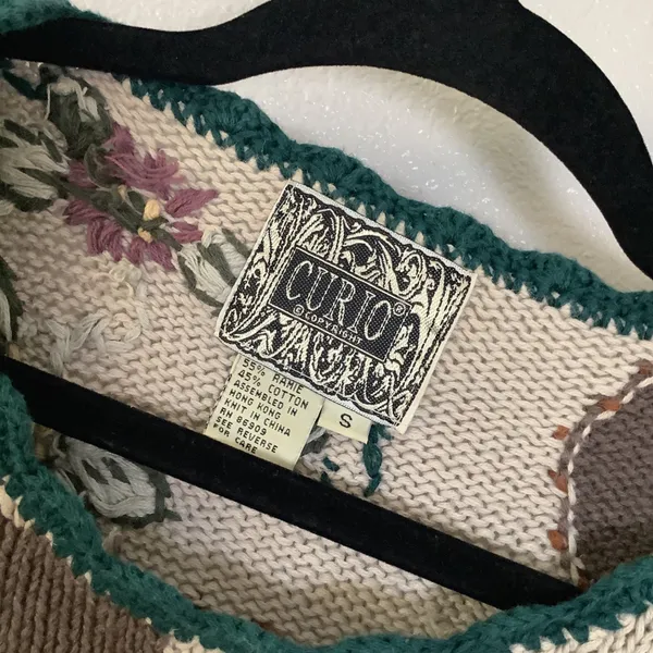 Vintage 90s Patchwork Knitted Retro Embroidered Cottagecore Goblincore Sweater S - Image 2