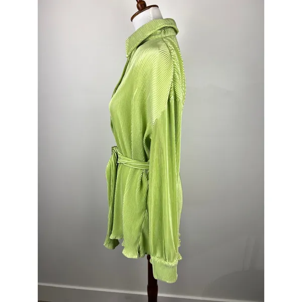 Thats So Fetch Lime Green Plisse Belted Mini Shirt Dress Size 4 - Image 11