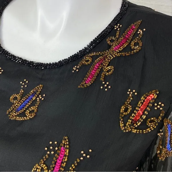 Stenay Vintage Sequin‎ Beaded Silk Blouse Black Multi XL - Image 5