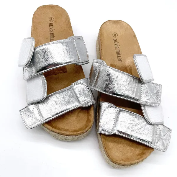 Olivia Miller Womens 8 Slide Sandal Silver Metallic Espadrille‎ Platform Summer - Image 3