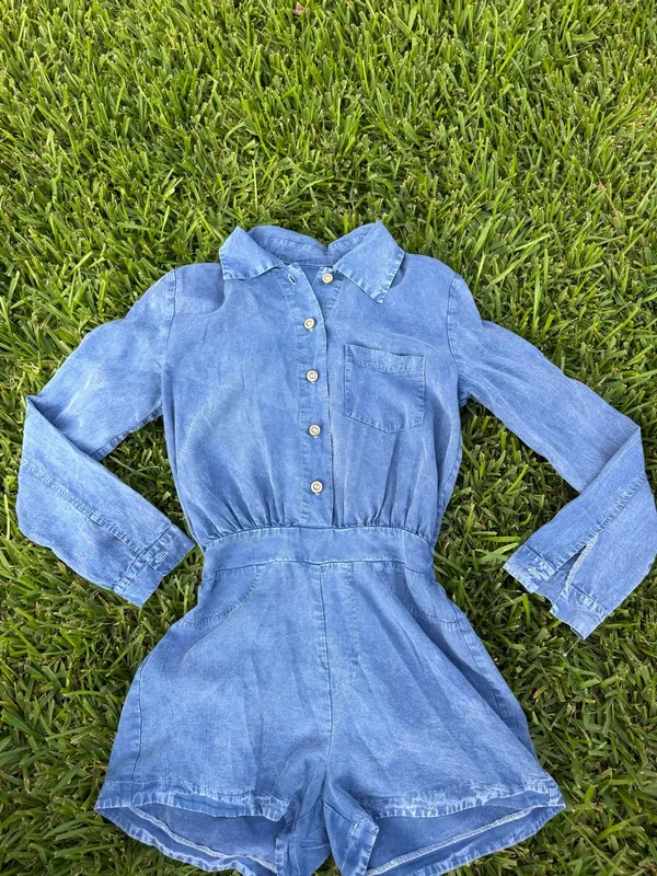 Blue Chambray Button Front Collared Romper Elastic Waist Size S - Image 2