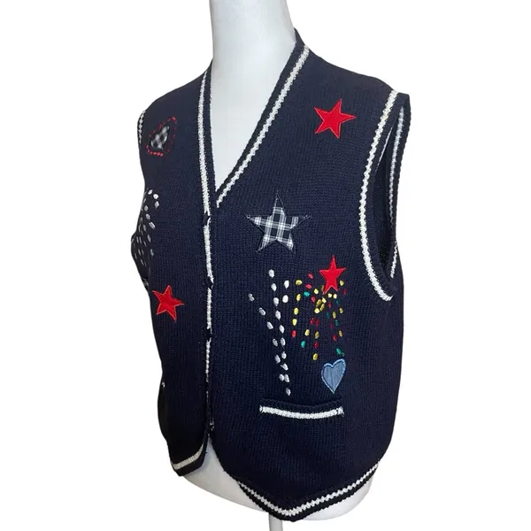 Vintage Robin Sinkler Fireworks Stars‎ Knit Embroidered Vest Medium Patriotic - Image 3