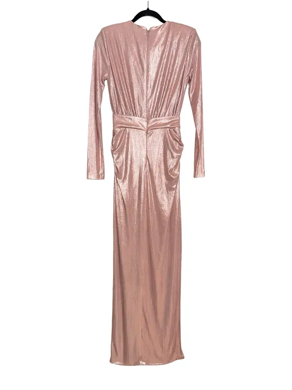 House Of CB Mina Dress Deep V-Neck Metallic Pink Long Sleeve Gown SMALL - Image 4