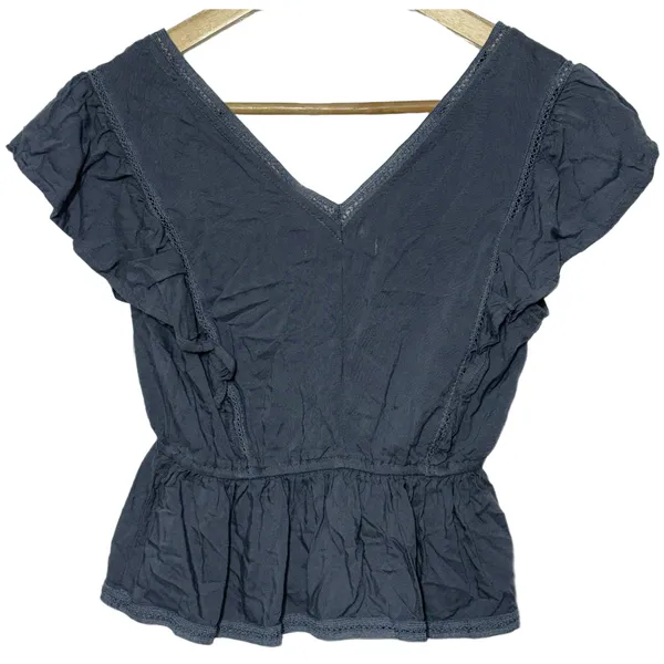 NEW Abercrombie & Fitch Navy Blue Lace V-Neck Peplum Babydoll Blouse Top Size XS - Image 3