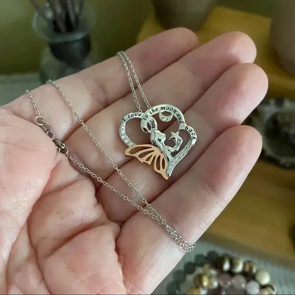 “I Love You To The Moon & Back” Sterling Silver Two-Tone CZ Fairy Girl Necklace - Image 4