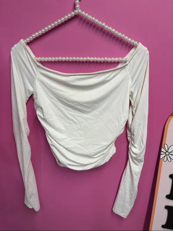 Edikted Off-Shoulder Long Sleeve Ruched Top in White - Image 2