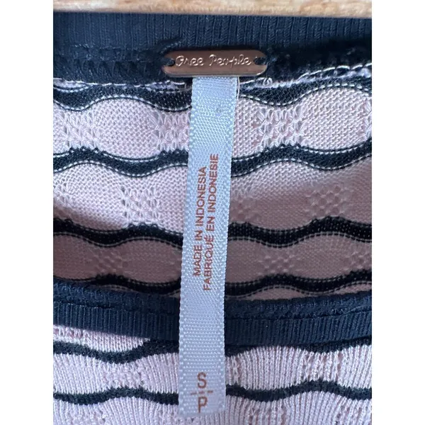 Free People Wavy Stripe Pointelle Peplum Long Sleeve Top‎ Size S Peach Black - Image 7
