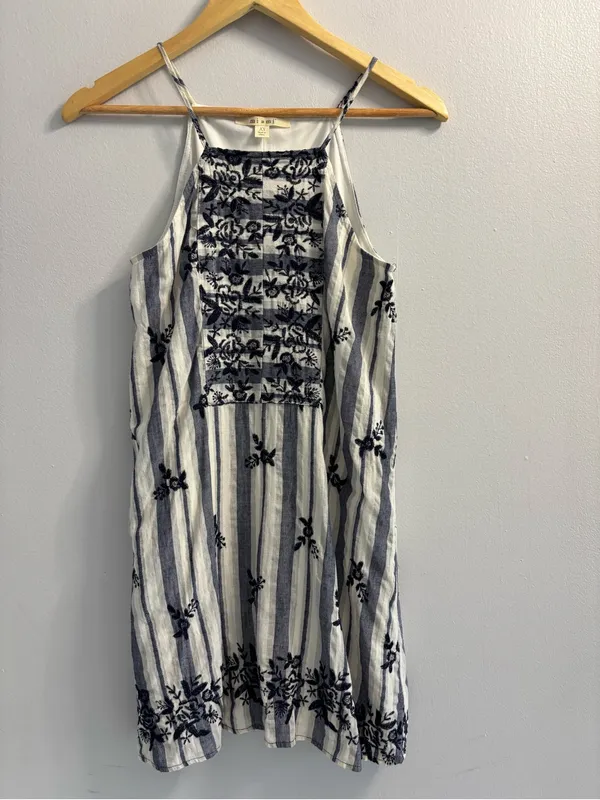 Miami Embroidered Stripe Halter Dress XS Blue White Boho Coastal Chic Mini - Image 2