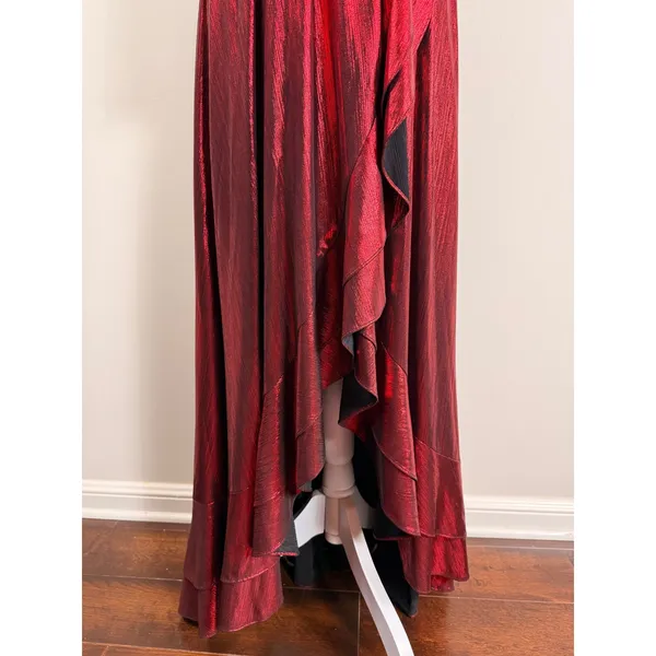 Retrofête Flora Metallic Red Lame Wrap Maxi Puff Sleeve Asymmetrical Gown Small - Image 4