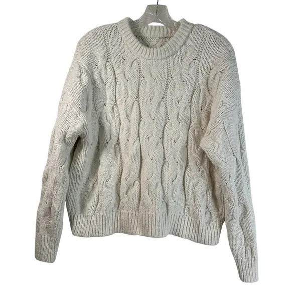Aerie Cream White Cable Knit Sweater Chunky Cotton Blend Crew Neck Small - Image 2