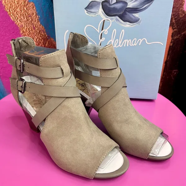 Libby Edelman Womens 7.5 Karla Open Toe Booties Putty‎ Buckle Straps New In Box - Image 2