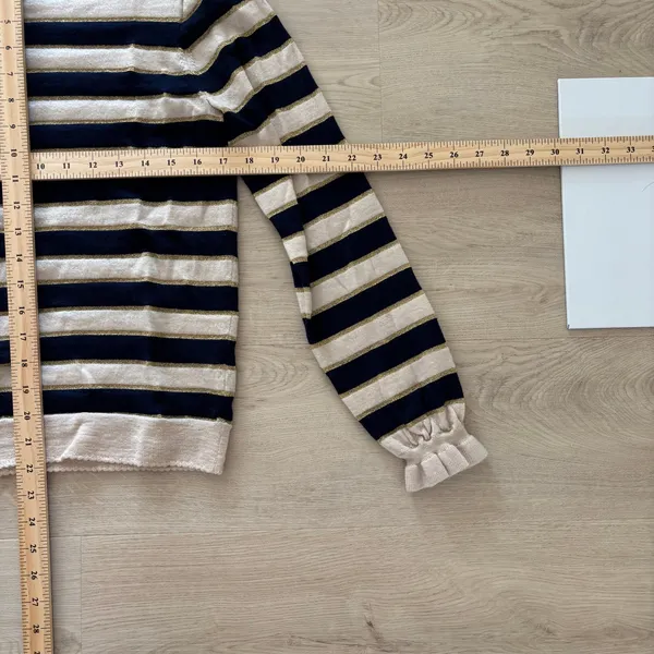 J. Crew EUC Women's Metallic Stripe Merino Wool Ruffle Sleeve Sweater Size L - Image 9