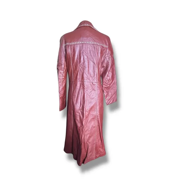 Vintage 70s Burgundy Leather Longline Trench Coat White Whipstitch Western Ranch - Image 9