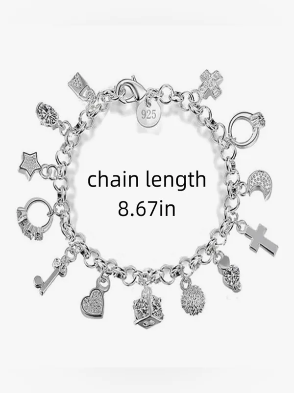 Sterling Silver Stamped 925 Charm Bracelet - Silver Heart & Cross Charms - Image 2