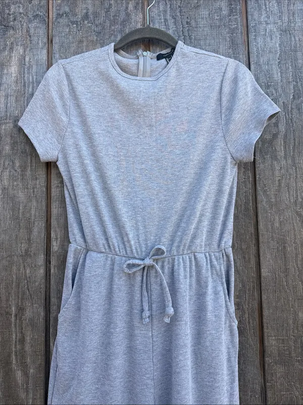 Forever 21 Light Gray Short-Sleeve Knit Wide Leg Jumpsuit Elastic Waistband S - Image 3