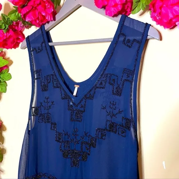 Free People Navy Blue Sheer Beaded Run With It Tank Top - Image 5