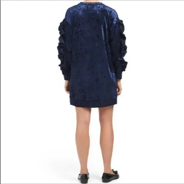 NWT Kaktus Crushed Velvet Navy Ruffle Dress S v6x - Image 2