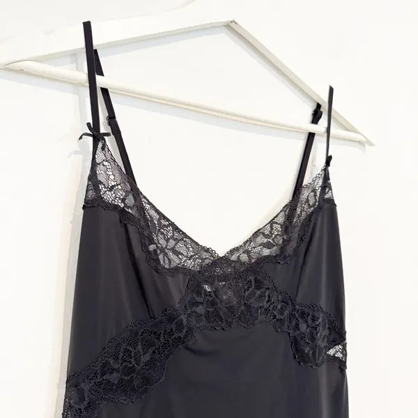 Victorias Secret Slip Dress Size M‎ Black Satin Lace Slit Mini Lingerie Coquette - Image 2