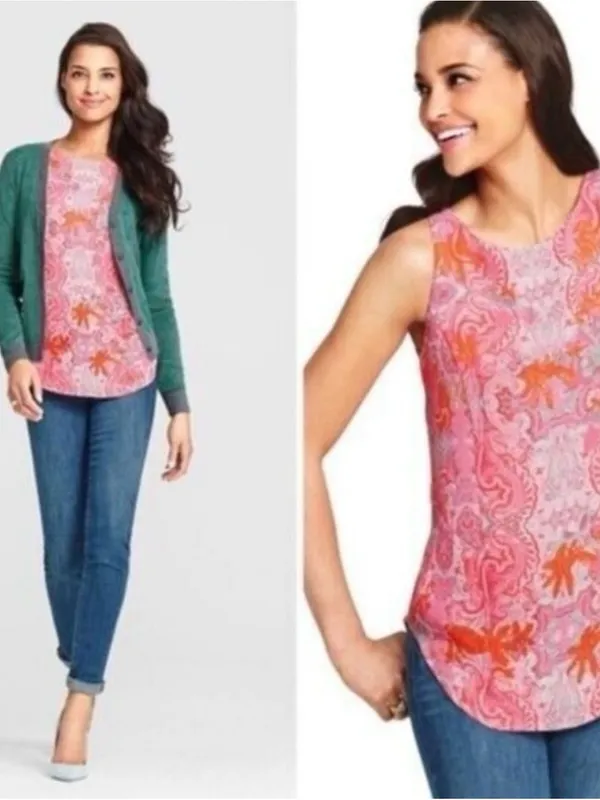 CAbi #127 Jubilee Pink & Orange Paisley Sleeveless Shell Tunic Sz L - Image 2